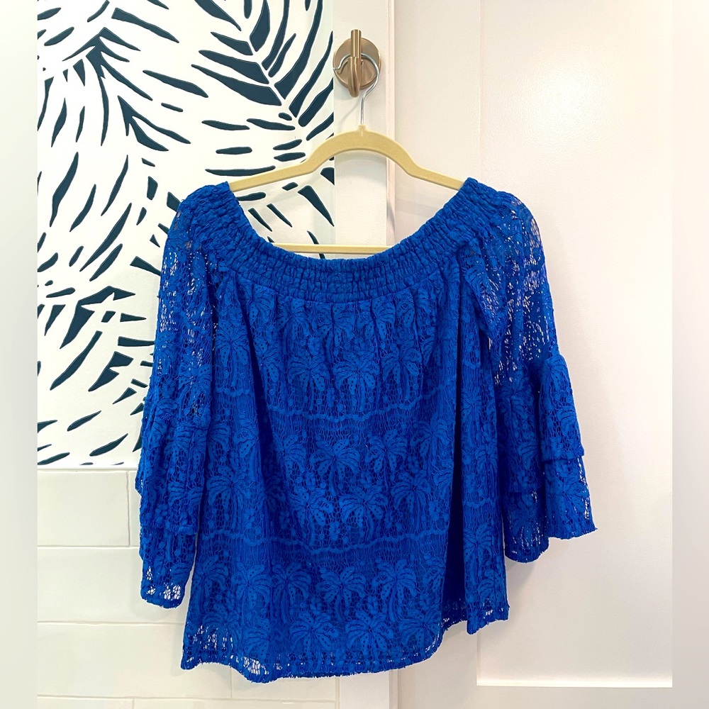 Lilly Pulitzer off the shoulder top blue palm lace